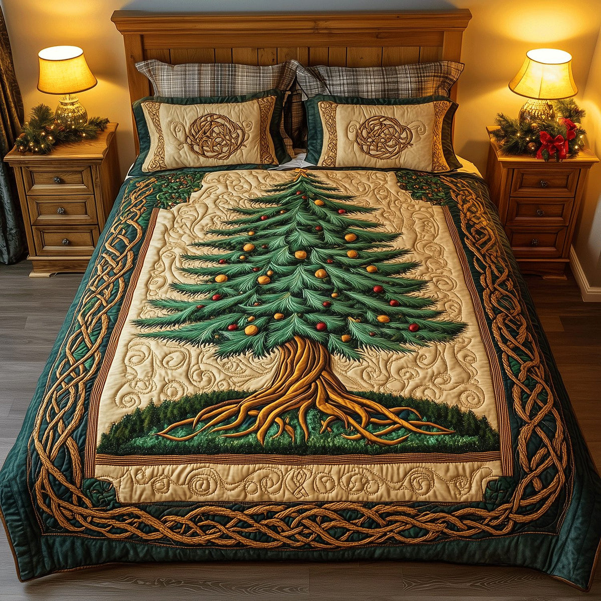 Twinkling Tree Delight quilted 3-piece bedding set on a made bed with two matching pillow shams
