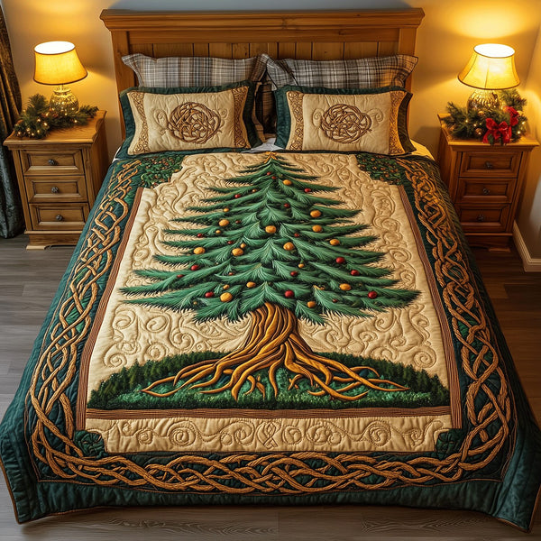 Twinkling Tree Delight quilted 3-piece bedding set on a made bed with two matching pillow shams