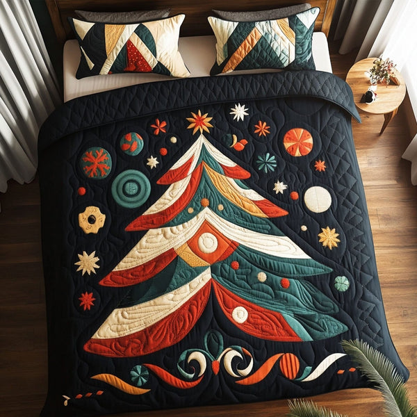 Twinkling Tree Dreams quilted 3-piece bedding set on a made bed with two matching pillow shams