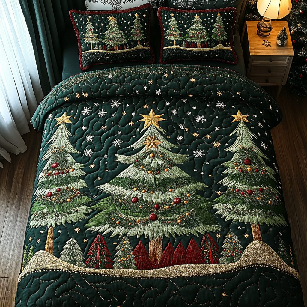 Twinkling Trees quilted 3-piece bedding set on a made bed with two matching pillow shams