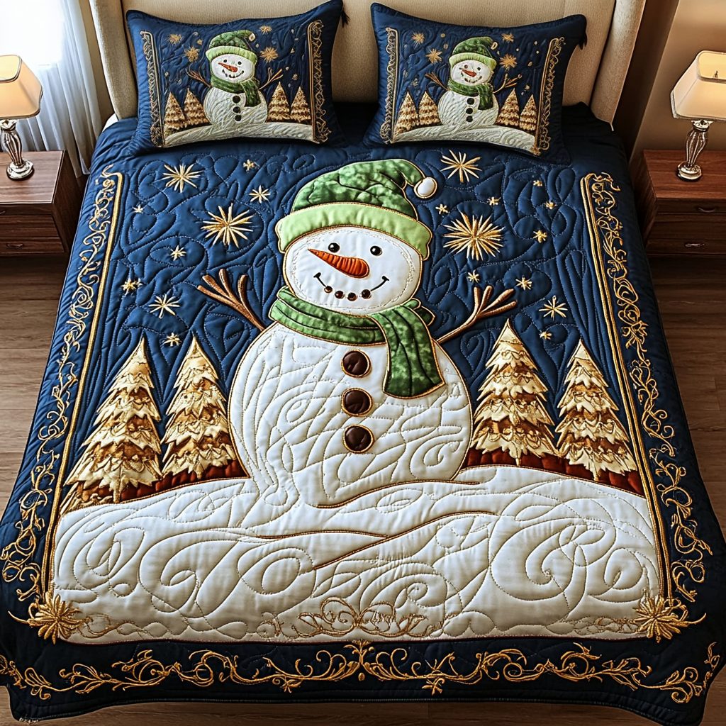 Twinkling Trees quilted 3-piece bedding set on a made bed with two matching pillow shams