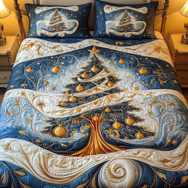 Twinkling Winter Dream quilted 3-piece bedding set on a made bed in a winter-styled bedroom