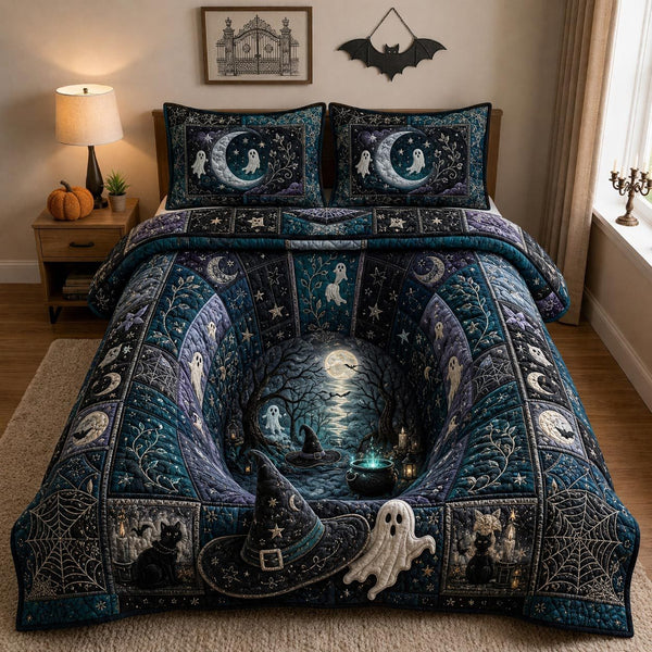 Twisted Halloween quilted 3-piece bedding set on a made bed against a dark styled interior