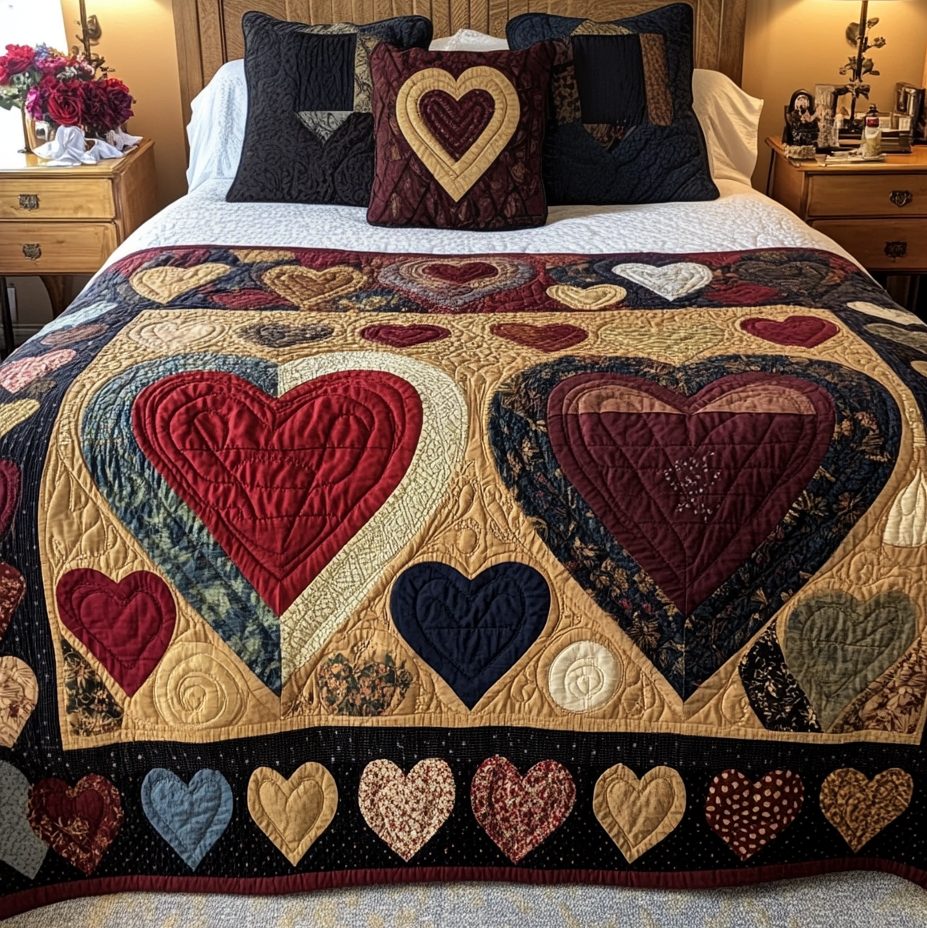 Two Hearts Embrace quilted 3-piece bedding set on a made bed with two matching pillow shams