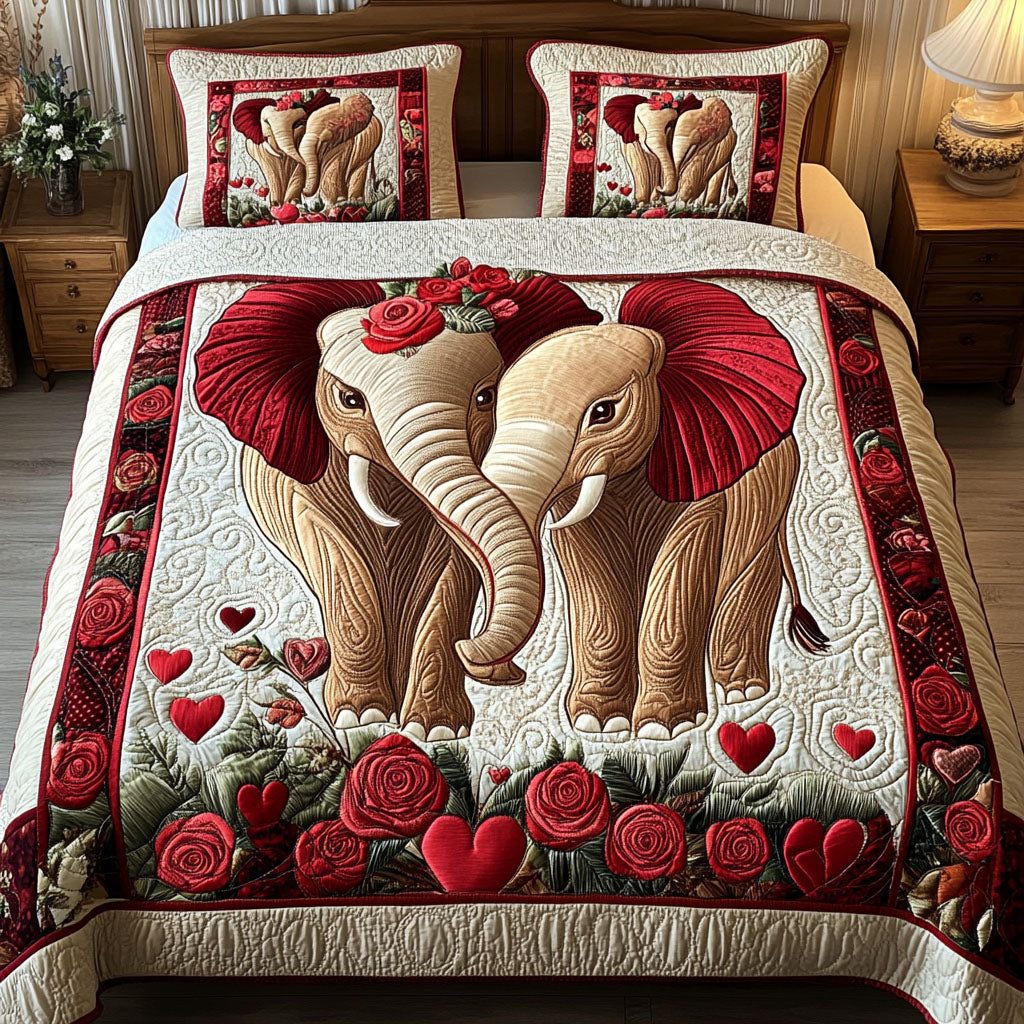 Two Hearts One Wild quilted 3-piece bedding set on a made bed with two matching pillow shams