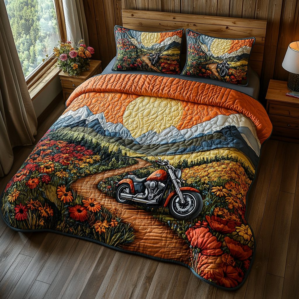 Two Wheels and a Dream quilted 3-piece bedding set on a made bed with two matching pillow shams