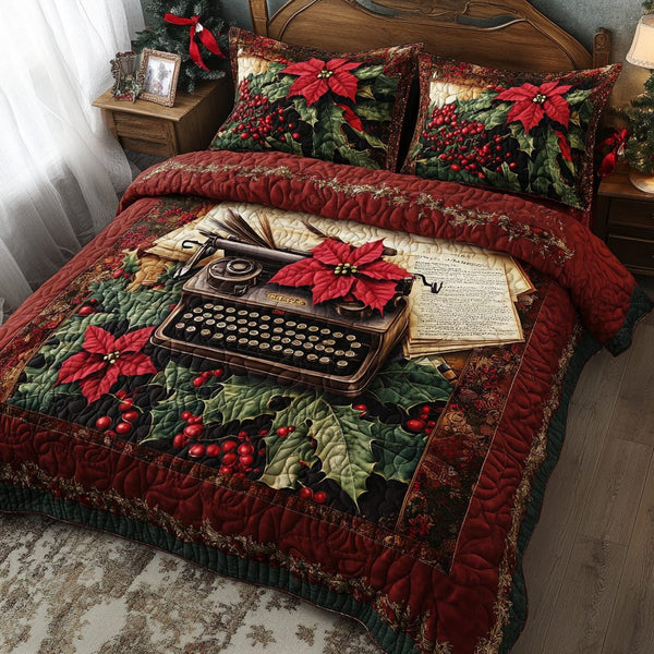 Typewriter Tales quilted 3-piece bedding set on a made bed with two matching pillow shams