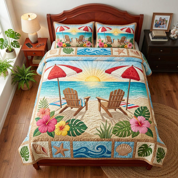 Umbrella Sunrise Retreat quilted 3-piece bedding set on a made bed with two matching pillow shams