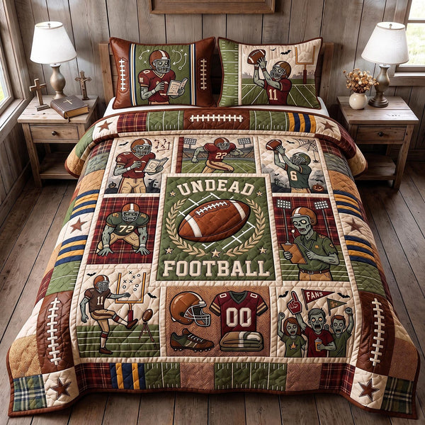 Undead Football quilted 3-piece bedding set on a made bed with two matching pillow shams