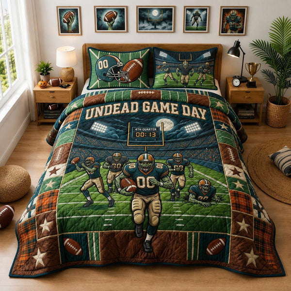 Undead Game Day quilted 3-piece bedding set on a made bed with two matching pillow shams