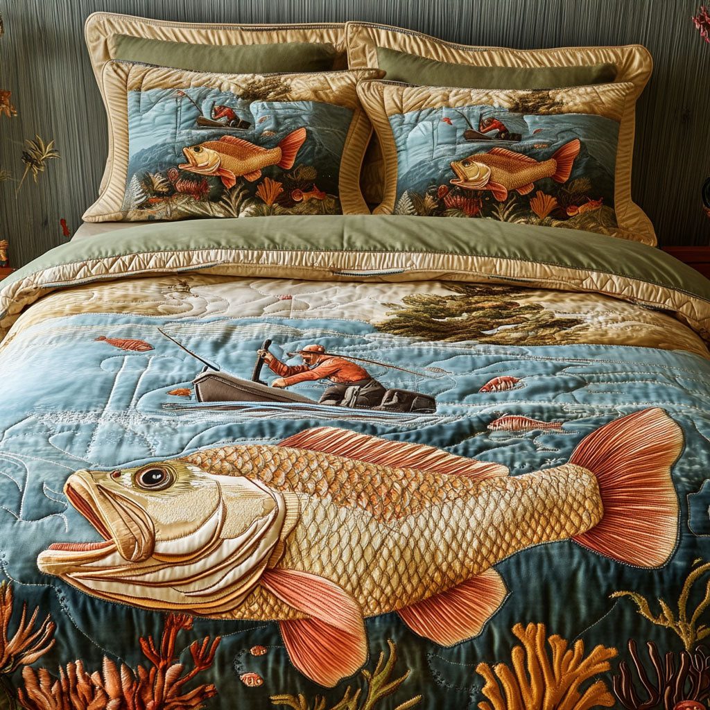 Under the Sun quilted 3-piece bedding set on a made bed with two matching pillow shams