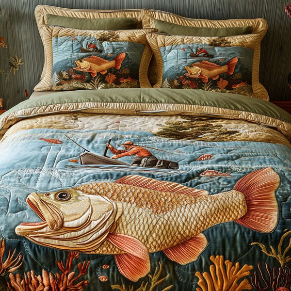 Under the Sun quilted 3-piece bedding set on a made bed with two matching pillow shams