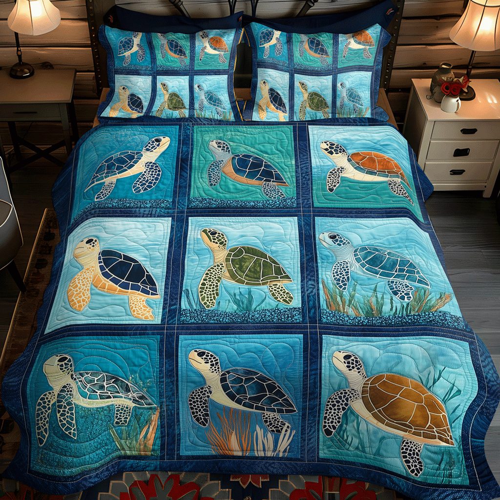 Underwater Bliss quilted 3-piece bedding set on a made bed with two matching pillow shams
