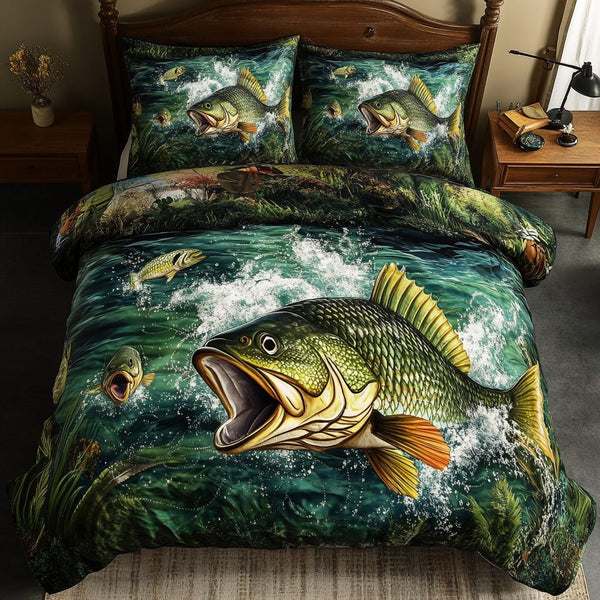 Underwater Glory quilted 3-piece bedding set on a made bed with two matching pillow shams