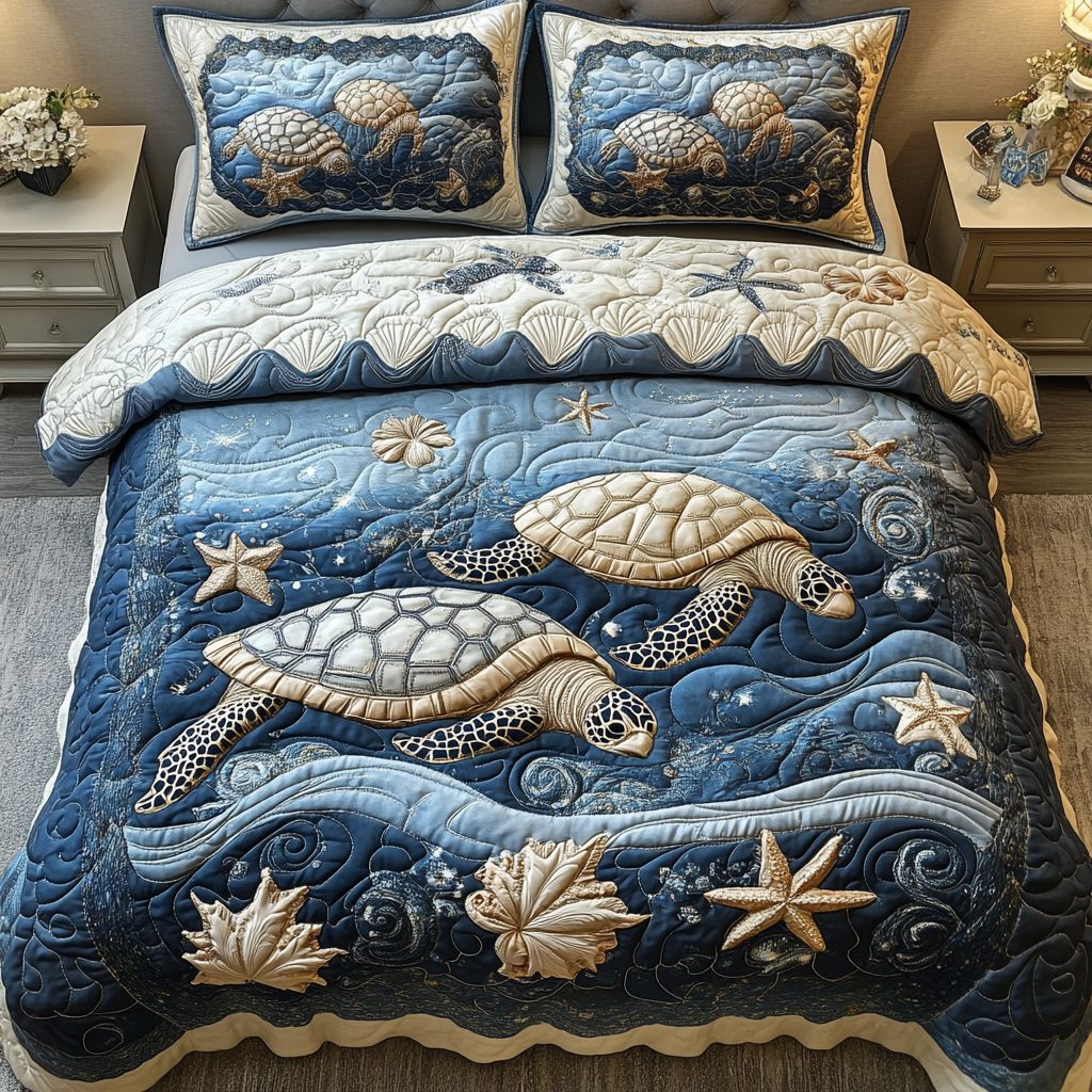 Underwater Harmony quilted 3-piece bedding set on a made bed with two matching pillow shams