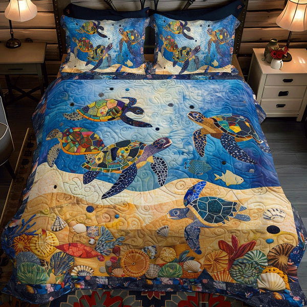 Underwater Odyssey quilted 3-piece bedding set on a made bed with two matching pillow shams