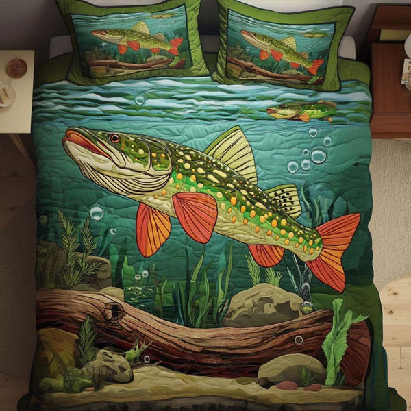 Underwater Royalty quilted 3-piece bedding set on a made bed with two matching pillow shams