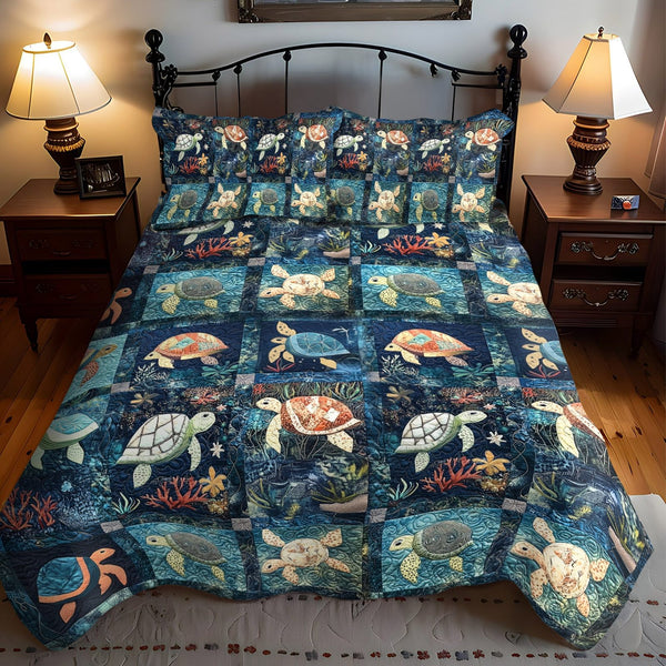Underwater Turtle Bliss quilted 3-piece bedding set on a made bed in a light coastal bedroom
