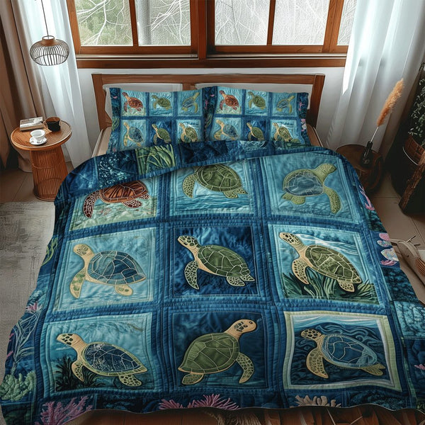 Underwater Utopia quilted 3-piece bedding set on a made bed with two matching pillow shams