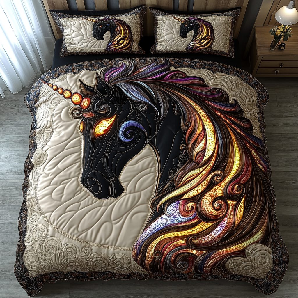 Unicorn Dream quilted 3-piece bedding set on a made bed with two matching pillow shams
