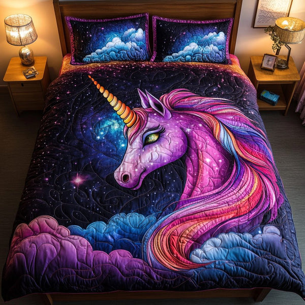 Unicorn Magic quilted 3-piece bedding set on a made bed with two matching pillow shams