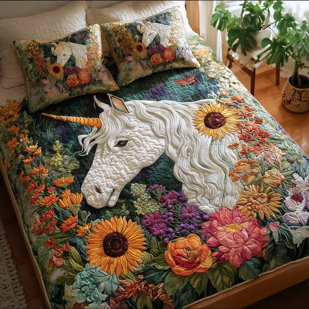 Unicorn of the Wildflowers quilted 3-piece bedding set on a made bed with two matching pillow shams