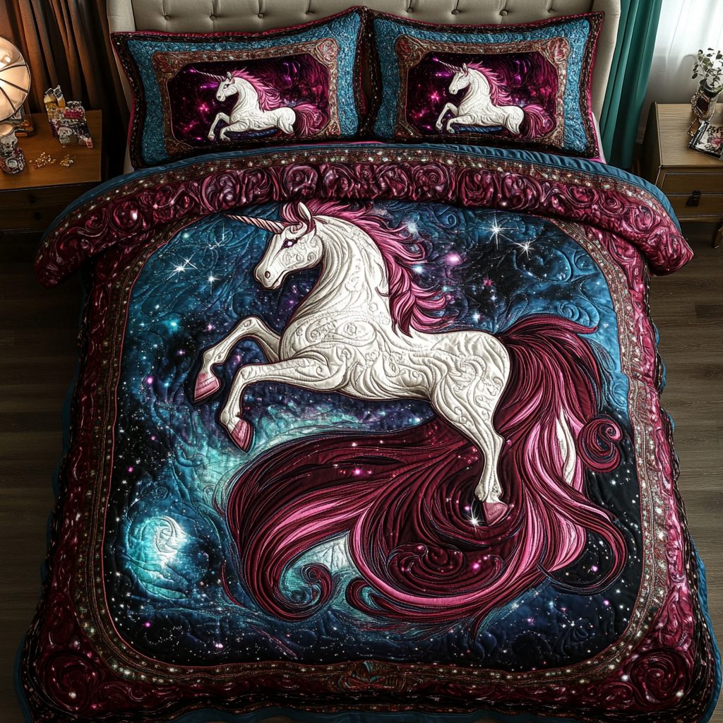 Unicorn Spirit quilted 3-piece bedding set on a made bed with two matching pillow shams