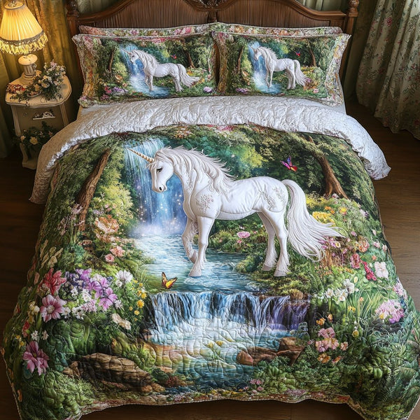 Unicorn Wishes quilted 3-piece bedding set on a made bed with two matching pillow shams