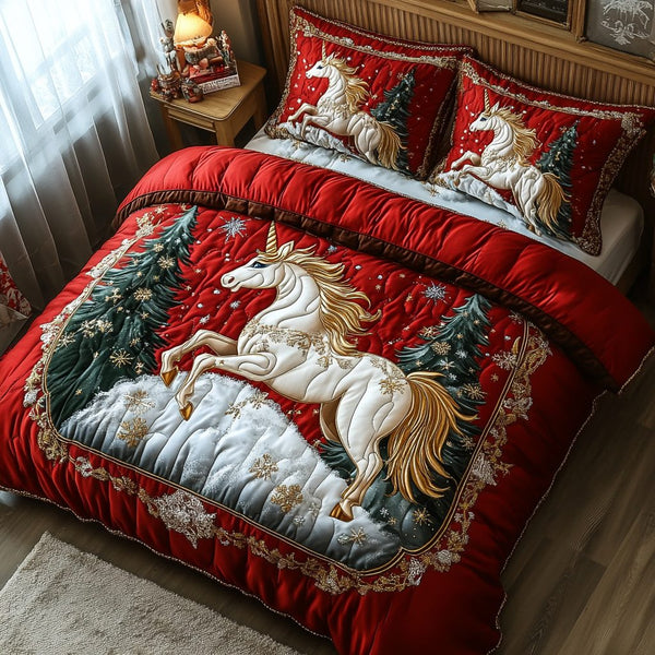 Unicorn Wishes quilted 3-piece bedding set on a made bed with two matching pillow shams