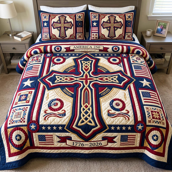 Union Celtic quilted 3-piece bedding set on a made bed in a warmly lit bedroom