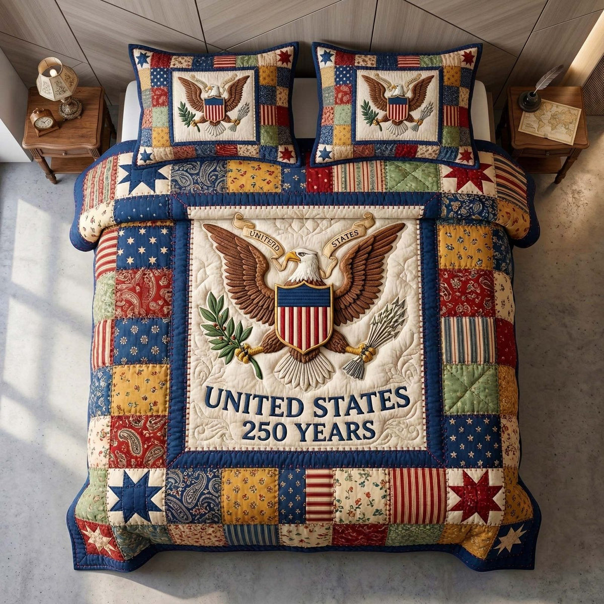 Union Eagle quilted 3-piece bedding set on a made bed in a warmly lit bedroom