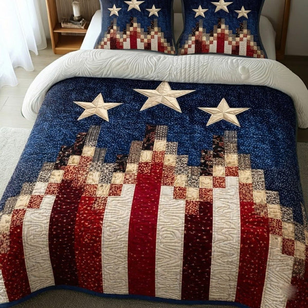 Union Spirit quilted 3-piece bedding set on a made bed in a warmly lit bedroom