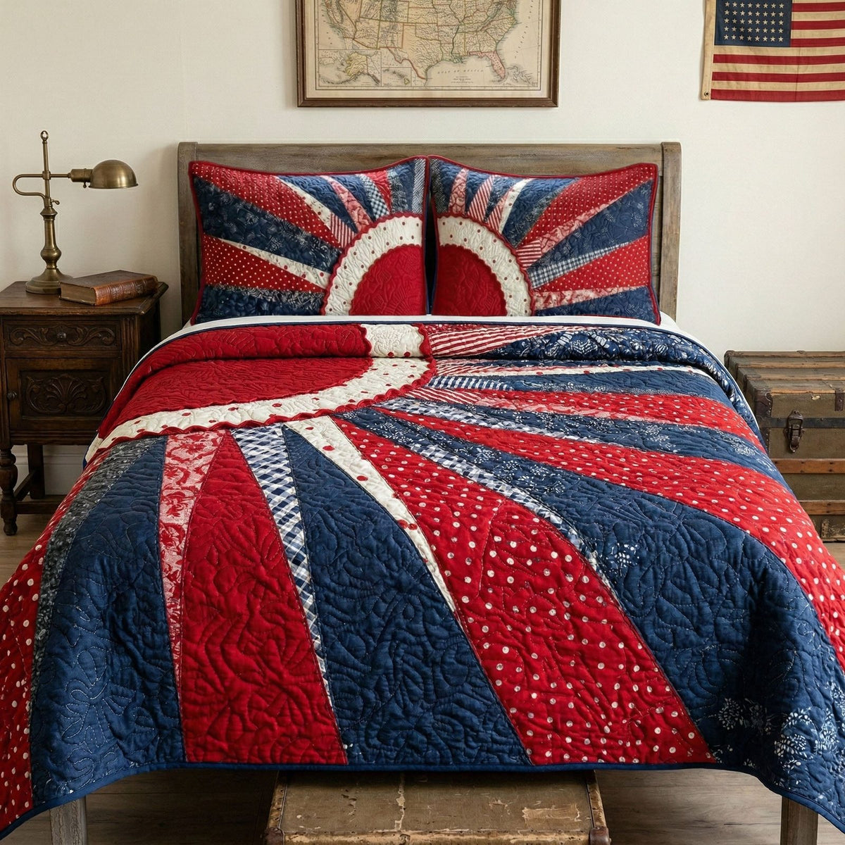 Union Star quilted 3-piece bedding set on a made bed in a warmly lit bedroom