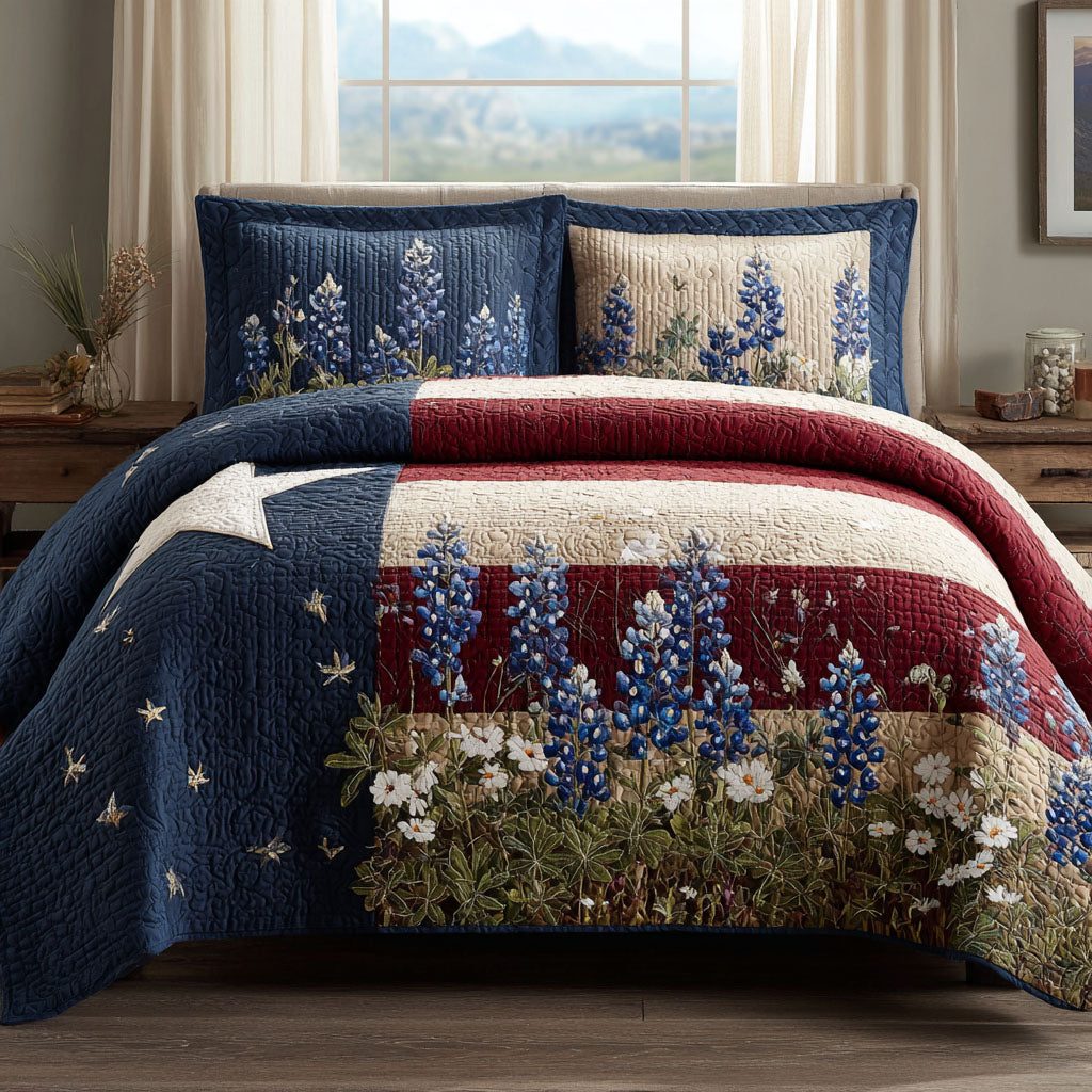 Union Wildflowers quilted 3-piece bedding set on a made bed in a warmly lit bedroom