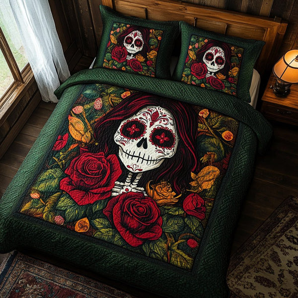 Unique Skull quilted 3-piece bedding set on a made bed against a dark styled interior