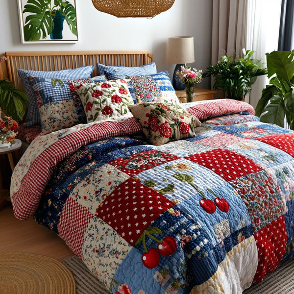 United Spirit quilted 3-piece bedding set on a made bed with two matching pillow shams