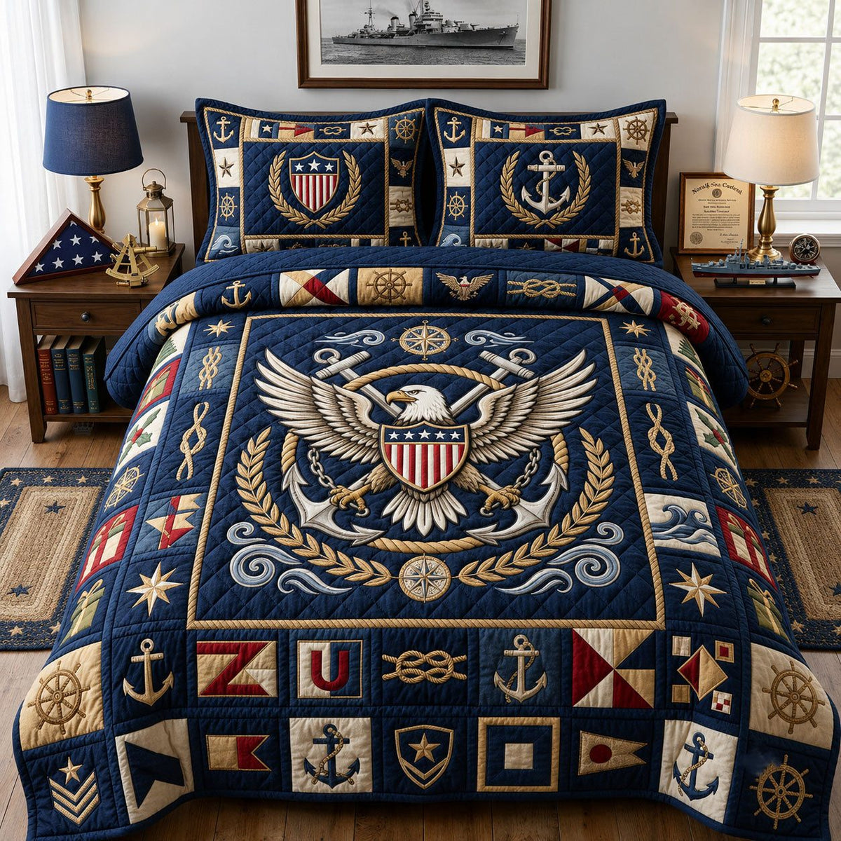United States Navy quilted 3-piece bedding set on a made bed in a warmly lit bedroom