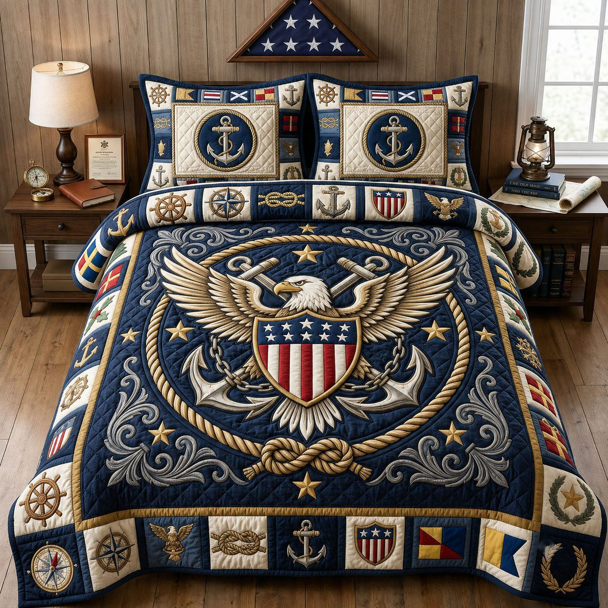 United States Navy quilted 3-piece bedding set on a made bed in a warmly lit bedroom