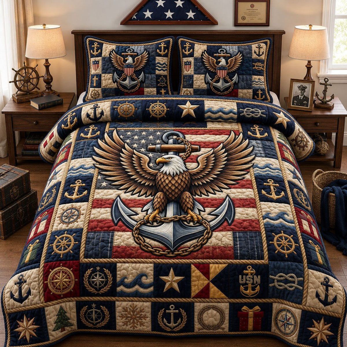 United States Navy quilted 3-piece bedding set on a made bed in a warmly lit bedroom