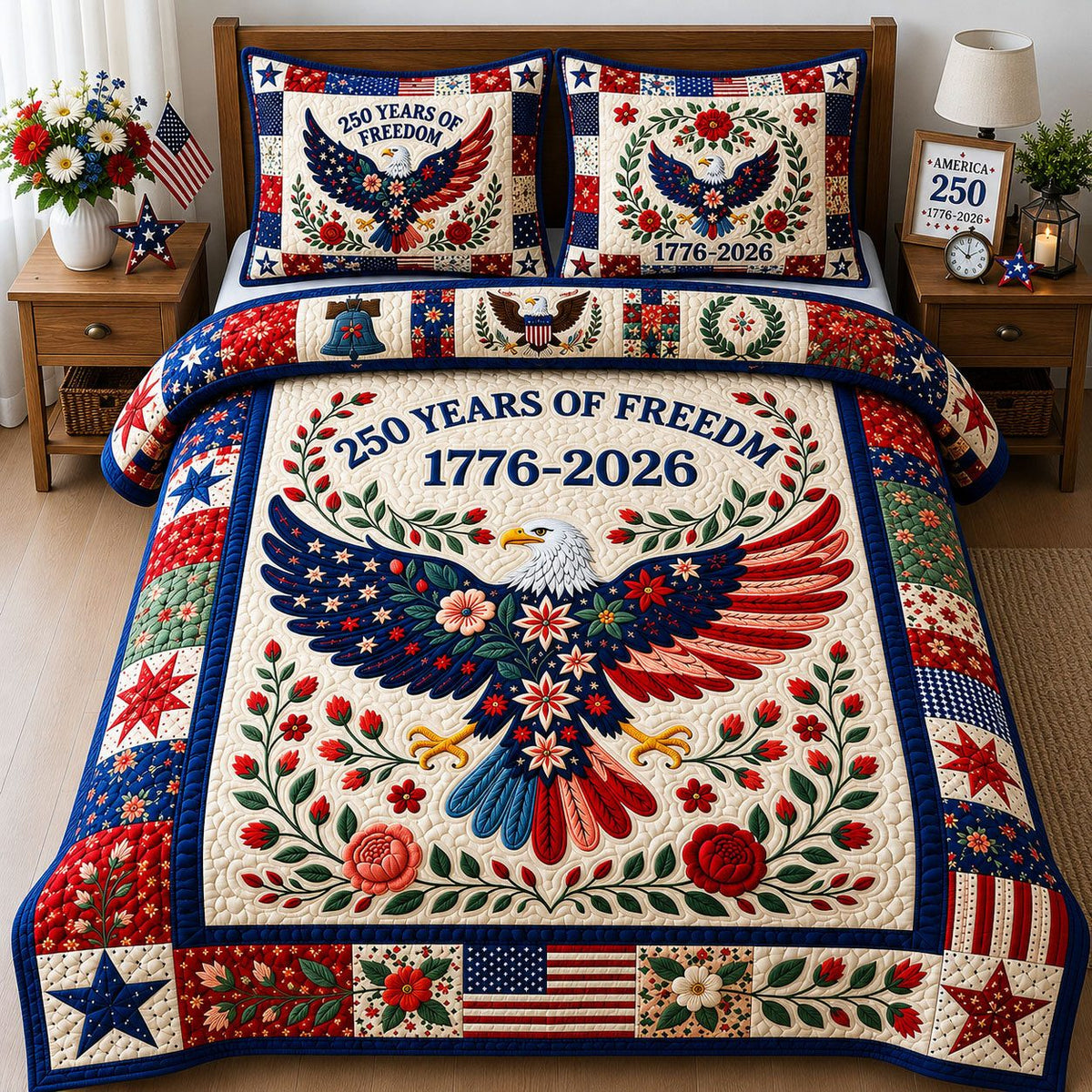 United States Semiquincentennial quilted 3-piece bedding set on a made bed with two matching pillow shams