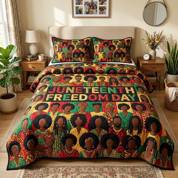 Unity Portrait quilted 3-piece bedding set on a made bed with two matching pillow shams