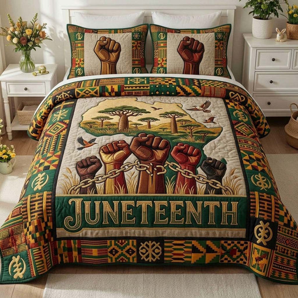 Unity Rising quilted 3-piece bedding set on a made bed with two matching pillow shams