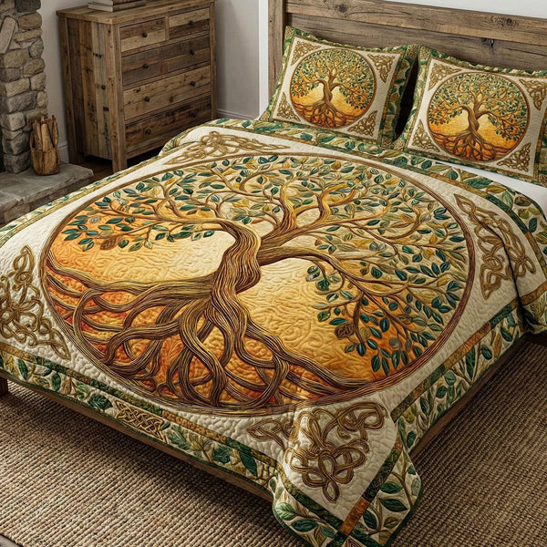 Unity Tree quilted 3-piece bedding set on a made bed with two matching pillow shams