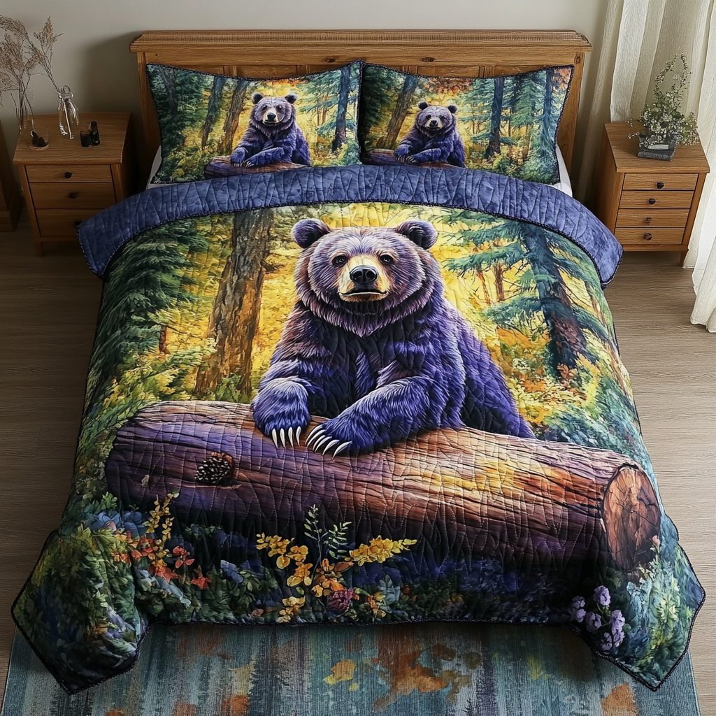 Untamed Beauty quilted 3-piece bedding set on a made bed with two matching pillow shams