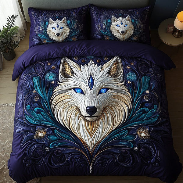 Untamed Wolf quilted 3-piece bedding set on a made bed with two matching pillow shams