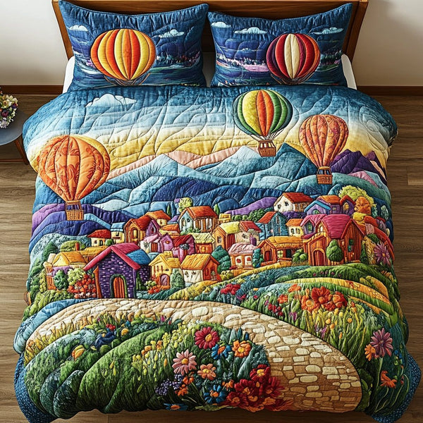 Uplift Cottage quilted 3-piece bedding set on a made bed in a farmhouse bedroom