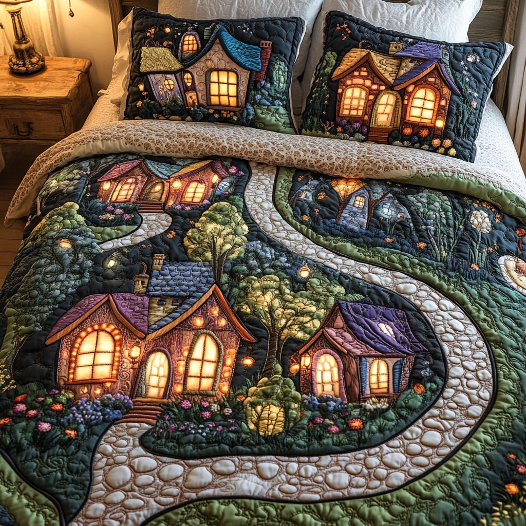Urban Escape quilted 3-piece bedding set on a made bed with two matching pillow shams