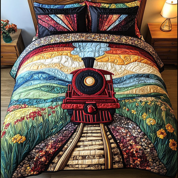 Urban Train quilted 3-piece bedding set on a made bed with two matching pillow shams