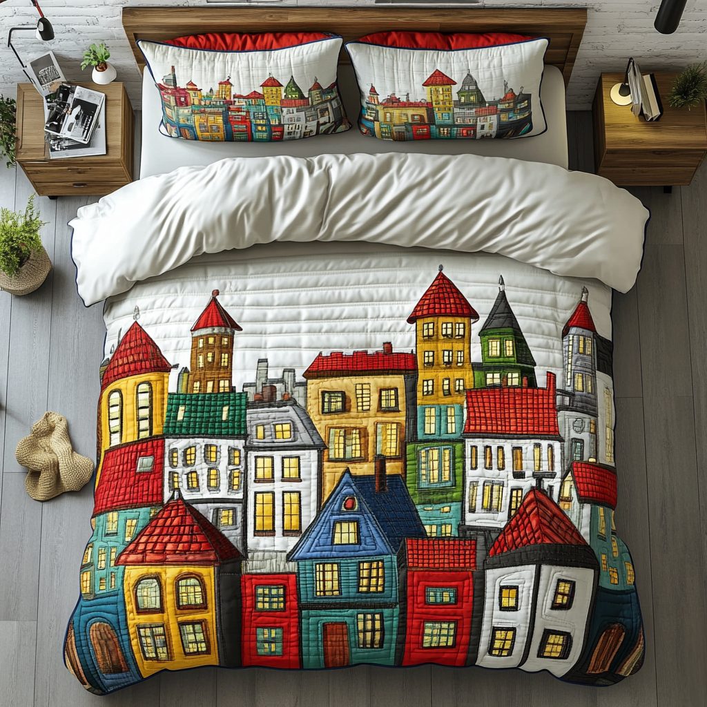Urban View quilted 3-piece bedding set on a made bed with two matching pillow shams