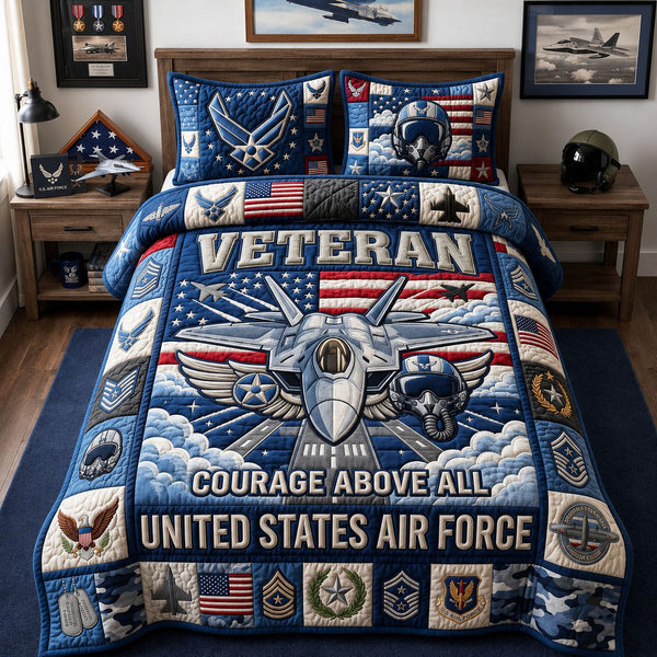 US Air Force quilted 3-piece bedding set on a made bed with two matching pillow shams